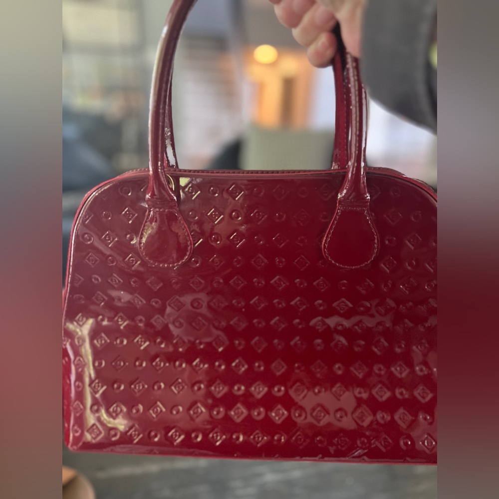 INVECE red patent handbag satchel. Gold accents.